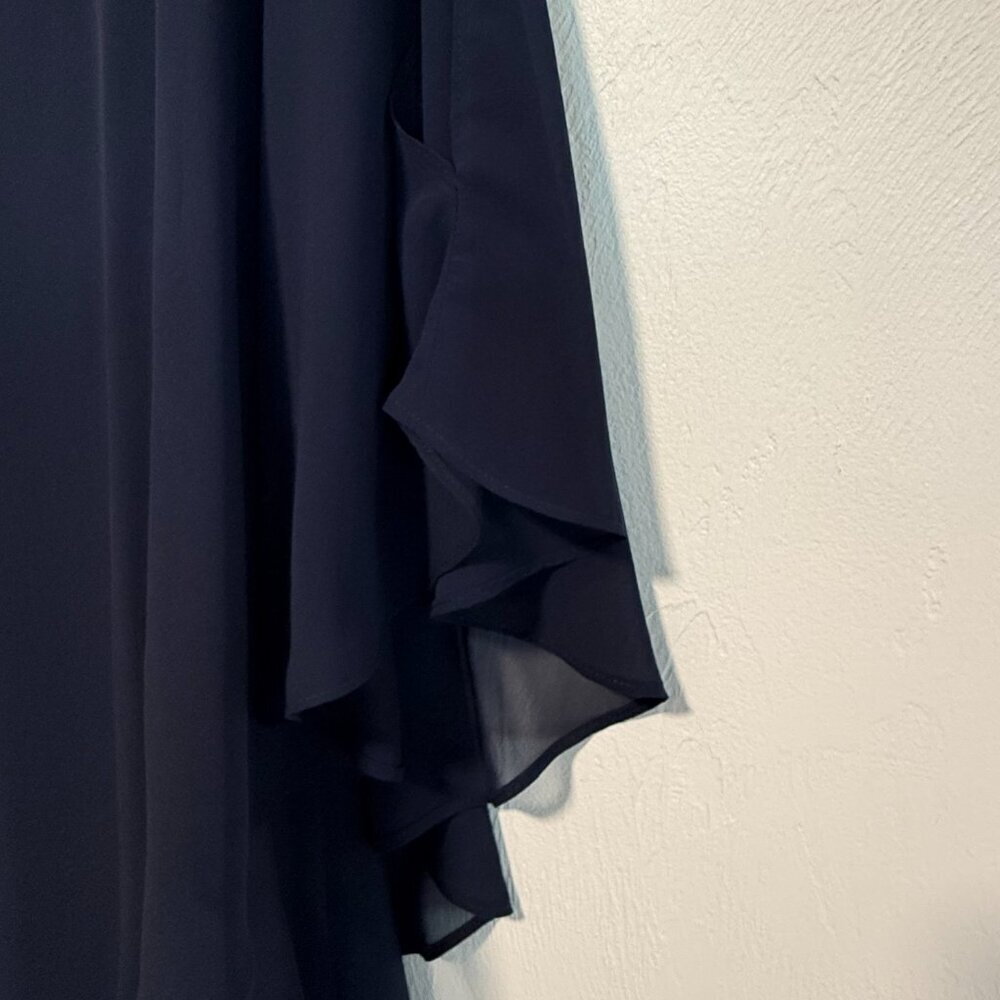 Jeweled V-Neck Chiffon Overlay Flutter Short-Sleeve Navy Blue Shift Dress - Picture 5 of 8